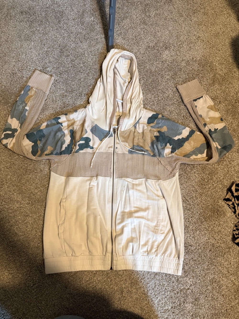 Mystree Soft Cream Zip Hoodie with Subtle Stripes